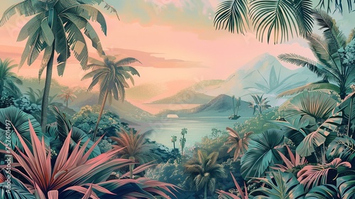Tropical Exotic Landscape Wallpaper. Hand Drawn Design. Luxury Wall Mural 