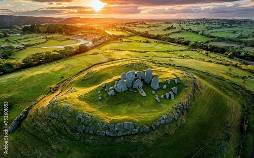 Aerial view of Knowth, the largest and most remarkable ancient monument in Ireland. Prehistoric passage tombs, part of the World Heritage Site of Bru na Boinne, valley of the River Boyne photo