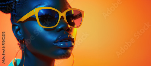 Beautiful black party girl portrait closeup wearing sunglasses on yellow background with copy space