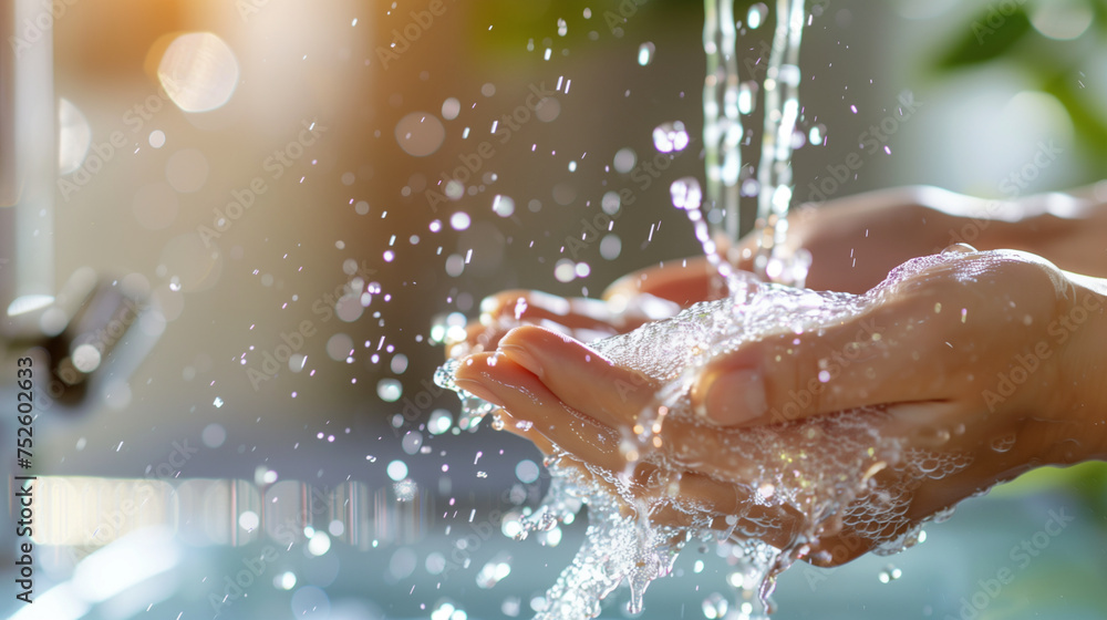 washing hands in running water from the kitchen faucet washing hands in running water from the kitchen faucet