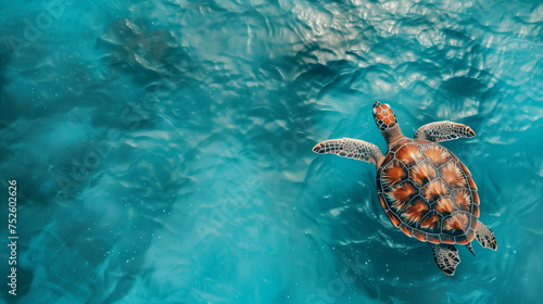 Aerial view of sea turtle swimming on blue ocean