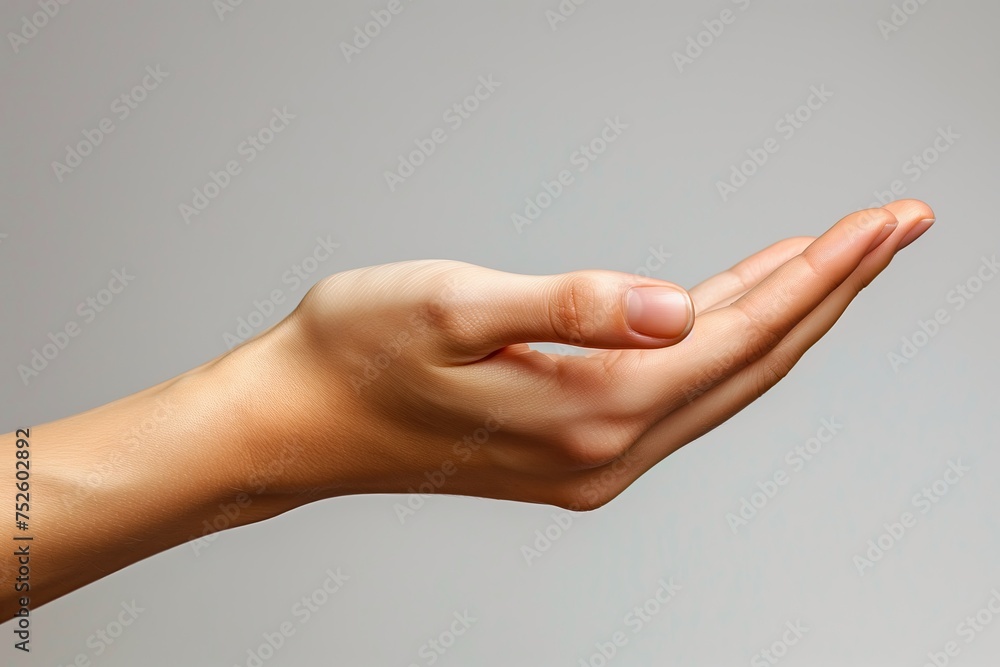 Female hand on gray background. Close up of female hand gesturing