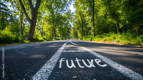 Sustainable future written on asphalt road surface