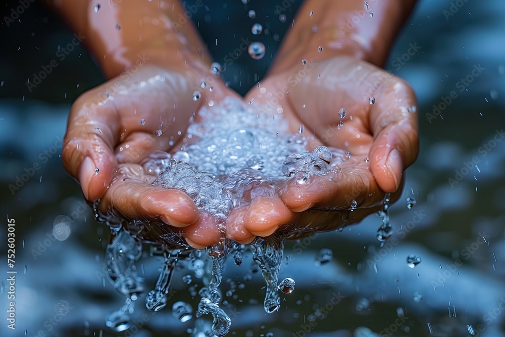 Water splashing from female hands, closeup of hands holding water Water splashing from female hands, closeup of hands holding water