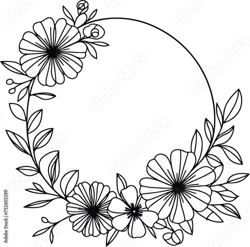 flower and leaf, botanical frame decoration, in continuous line drawing minimalist style.