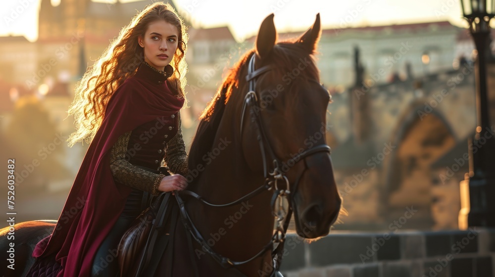 Obraz premium Lifestyle portrait of a beautiful Medieval lady on horseback in Prague city in Czech Republic in Europe.