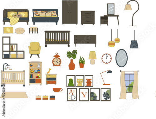A set of furniture for the bedroom and children room. Bed, children room and toys, cabinets and shelves, chair and mirror. Flat vector illustration with contour stroke.