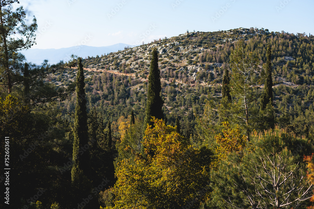 Hymettus mountain landscape, hiking in Athens, Hymettos mountain range panoramic beautiful view, Attica, Greece, in a summer sunny day, with Kaisariani aesthetic forest