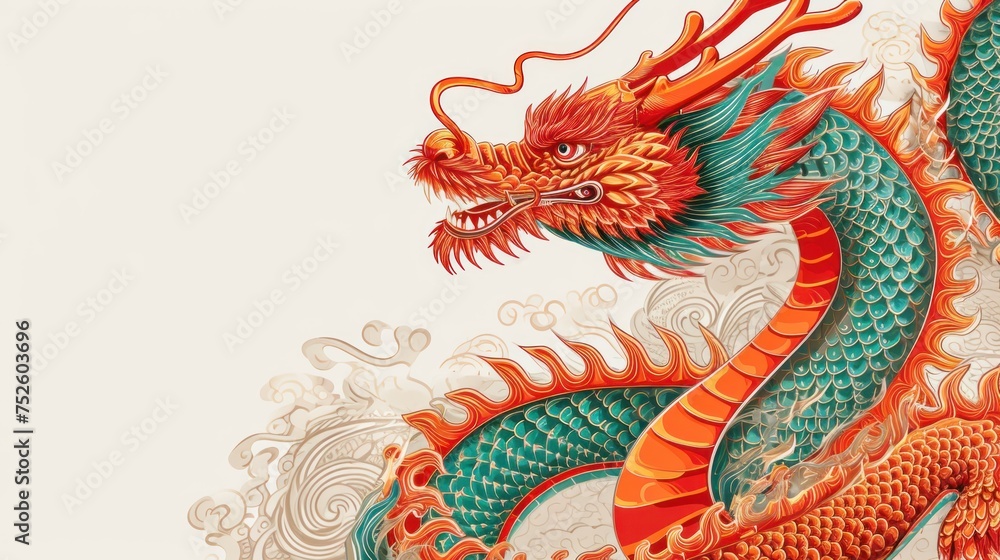 Fototapeta premium Poster design with copy space of vector illustration of Chinese zodiac dragon as the mythical animal in Eastern Asia culture.