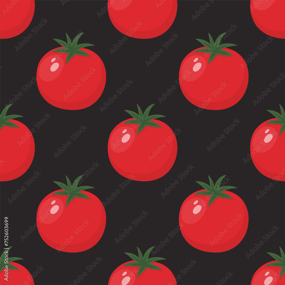 Flat Vector Seamless Pattern with Fresh Tomato on a Black Background. Seamless Vegetable Print with Whole Tomatoes Flat Vector Seamless Pattern with Fresh Tomato on a Black Background. Seamless Vegetable Print with Whole Tomatoes
