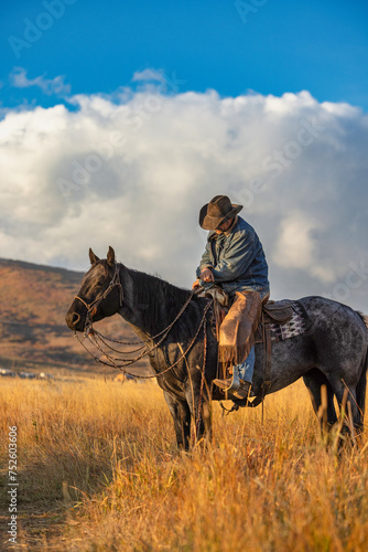 Colorado Cowboy on roan horse with storm clouds