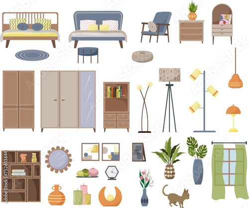 Bedroom furniture designer. Bed, wardrobe and shelves, floor lamp, window with curtains. Personal accessories. A set of items for the interior of the room. Vector illustration. Flat style.
