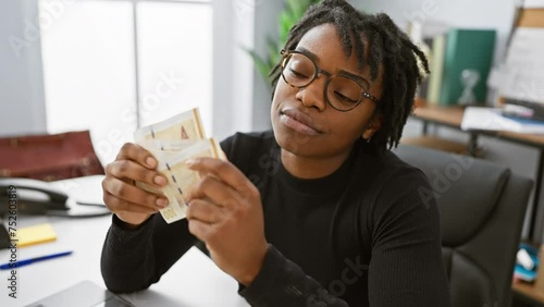 African woman examining danish currency in modern office, evoking themes of finance, diversity, and employment. photo