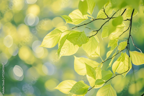 Lush green leaves on a tree branch with sunlight and bokeh effect in the background