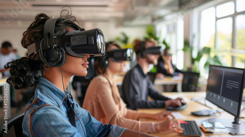 employees wearing VR glasses in the office