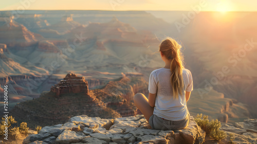 A beautiful young woman sitting on a rock at the Yavapai Point, looking out at the view, with details of the woman's peaceful expression, the canyon's layered rocks, and the setting sun. photo