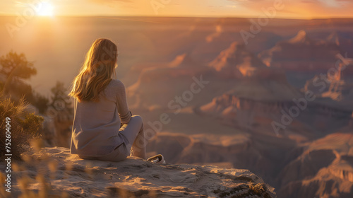 A beautiful young woman sitting on a rock at the Yavapai Point, looking out at the view, with details of the woman's peaceful expression, the canyon's layered rocks, and the setting sun. photo