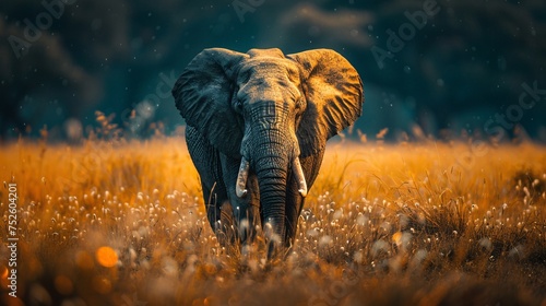An elephant standing tall amidst a field of tall grasses