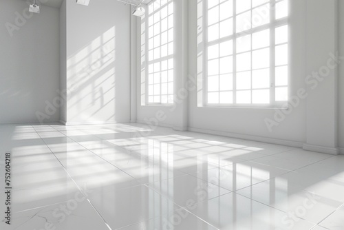 3d rendering of white empty space in room, ceramic tile floor in perspective, window and ceiling strip light. Interior home design look clean, bright, shiny surface with texture pattern for background