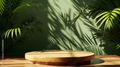 Wooden podium display with leaf shadow composition for product presentation © Irfan Hameed