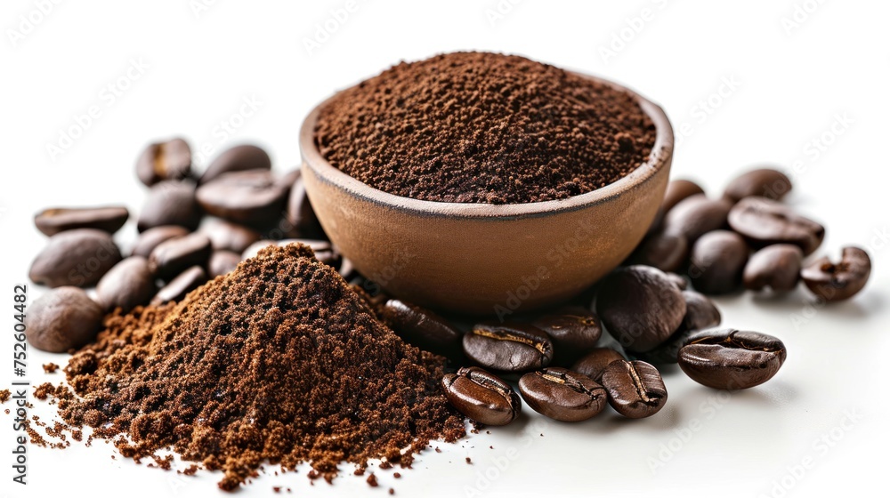 Close-up view of coffee beans and ground coffee powder on table. Close-up view of coffee beans and ground coffee powder on table.