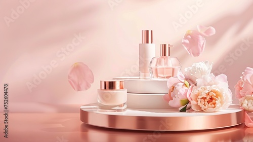 Luxurious Beauty Display: Beauty products showcased on rose gold round podium, accented with peony flowers. Perfect for showcasing high-end cosmetics, skincare items, or luxury beauty products