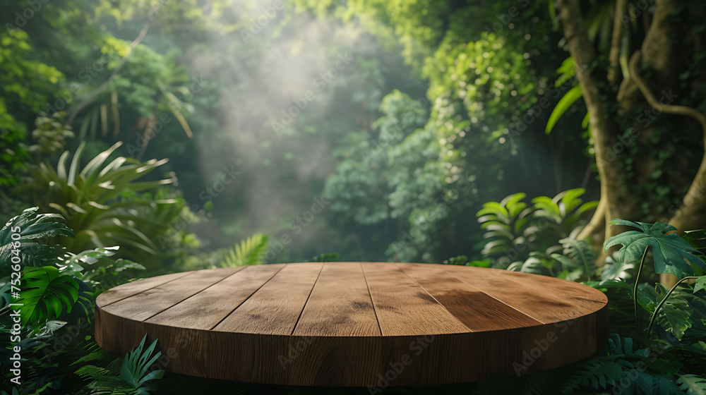 Wooden podium in tropical forest for product presentation and green background Wooden podium in tropical forest for product presentation and green background