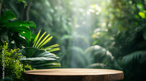 Wooden podium in tropical forest for product presentation and green background