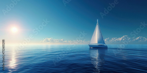 Sailboat cruising in the sunlit ocean waters, with the golden sun shining in the background