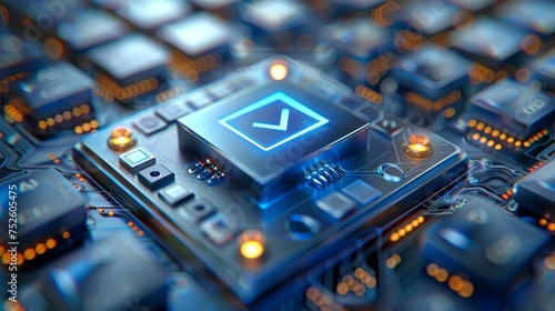 Illuminated blue checkmark on a circuit board. Concept of technology approval, digital validation, electronic security, software confirmation, tech quality assurance, and circuitry check. photo