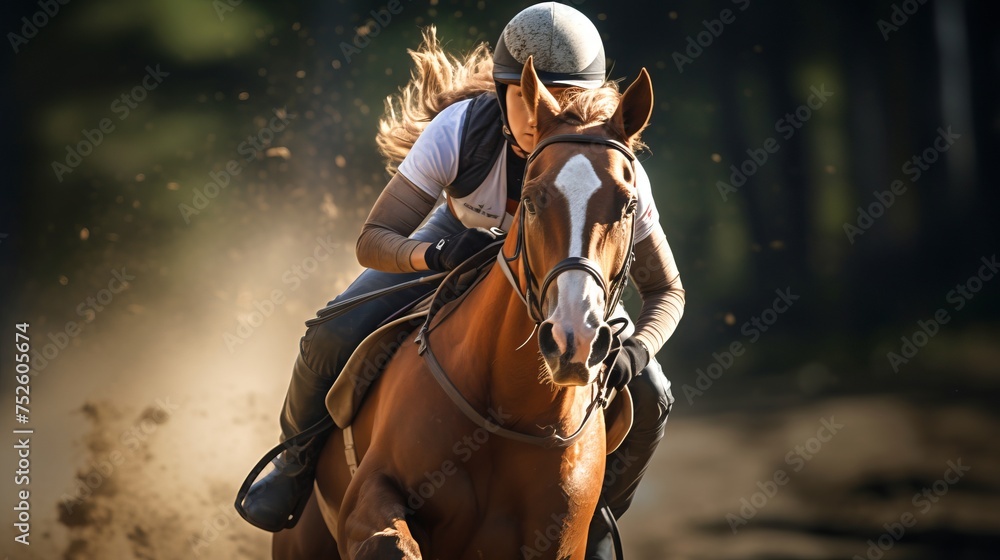Female jockey riding bay horse in full gallop. Concept of equestrian sport, horseback riding, race training, and athleticism. - obrazy, fototapety, plakaty 