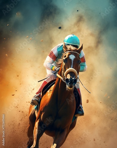 Jockey on a racing horse in dynamic motion, dust background. Concept of horse racing, speed, competition, and equestrian sports.