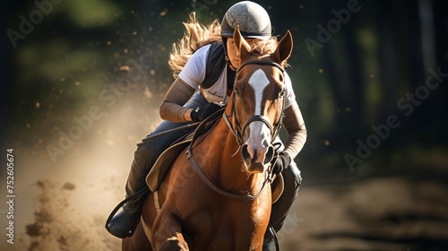 Female jockey riding bay horse in full gallop. Concept of equestrian sport, horseback riding, race training, and athleticism.