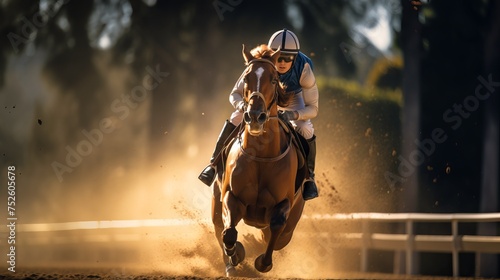 Horse and jockey in intense race competition, dust flying on racetrack. Concept of equestrian sports, racing speed, stamina, and winning. © Jafree