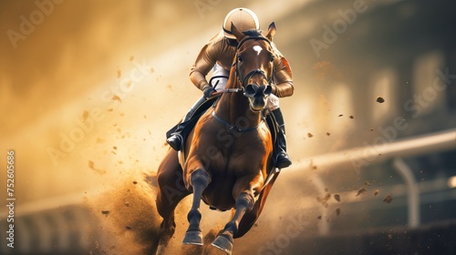 Racehorse galloping fiercely on a dusty track with its jockey. Concept of action, horse racing, competitive sport, and high speed.