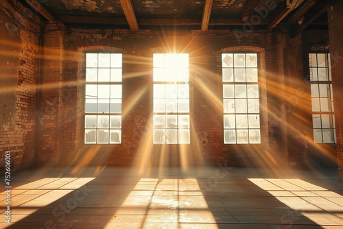 Sunlight shining through the windows of an old abandoned industrial warehouse building