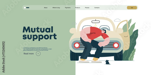 Mutual Support: Adopting a stray animal -modern flat vector concept illustration of man stopping his car for a kitten on the road A metaphor of voluntary, collaborative exchanges of resource, services