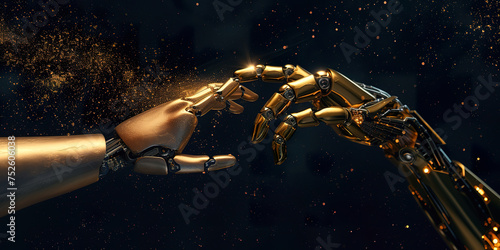Gold cyborg hand touch human hand on dark background