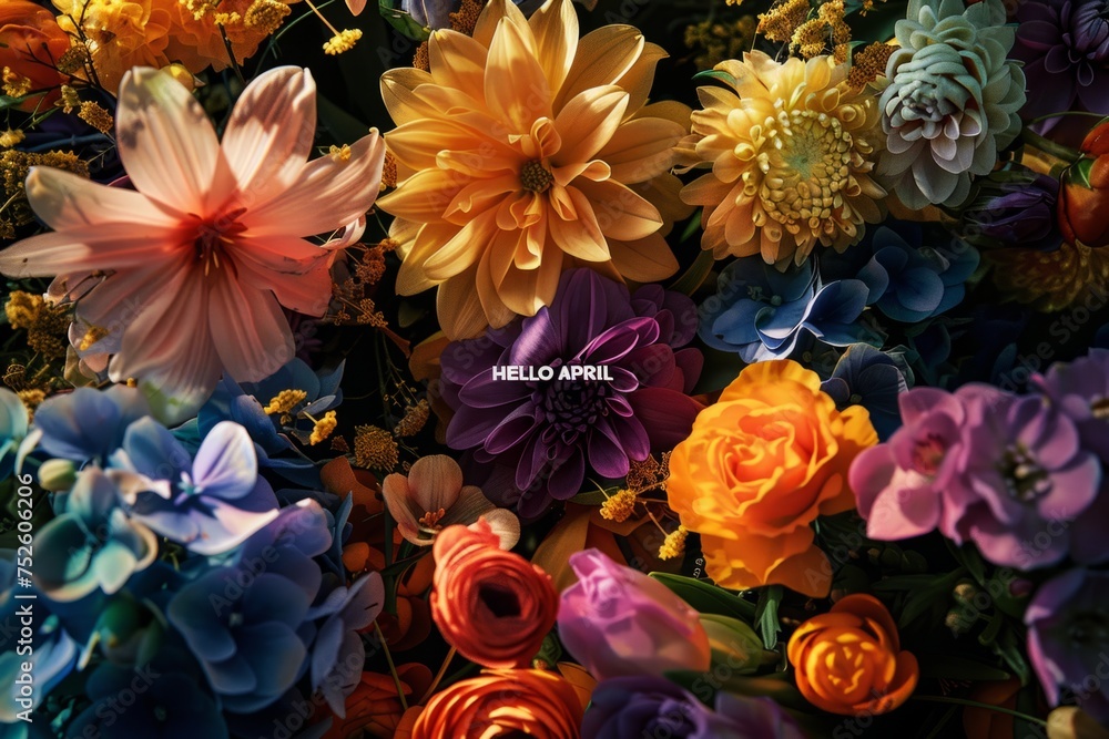 HELLO APRIL wallpaper in green on a background of flowers Generative AI HELLO APRIL wallpaper in green on a background of flowers Generative AI
