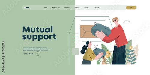 Mutual Support Giving clothes to donation bins -modern flat vector concept illustration of people placing bags of clothes into drop-off box A metaphor of voluntary, collaborative exchanges of resource