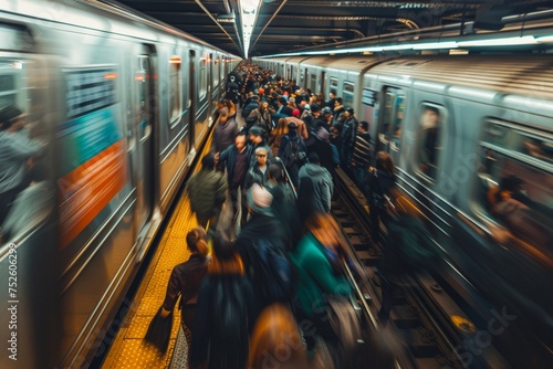 a big crowd of people in the new york subway metro in rush hour on their way home driving with trains. in the evening after work day. everybody is tired photo