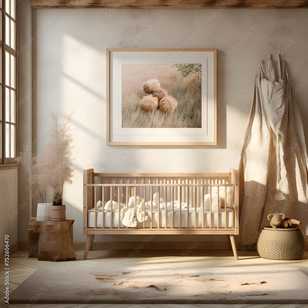 A baby's crib in a sunlit nursery. Great for stories on family, babies, childbirth, nursery, d?cor and more. - obrazy, fototapety, plakaty 