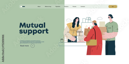 Mutual Support: Bringing groceries to food bank -modern flat vector concept illustration of people donating food to food pantry A metaphor of voluntary, collaborative exchanges of resource, services