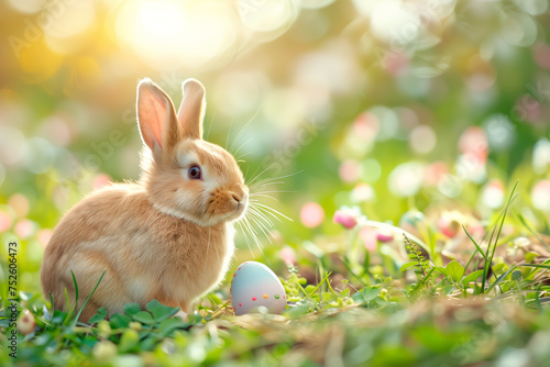 Two rabbits are sitting next to each other in a colorful field of flowers with Easter eggs, each uniquely painted