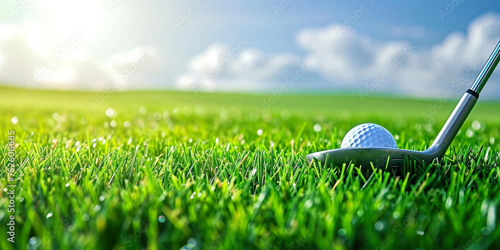 Golf club and ball in grass. wide panoramic - obrazy, fototapety, plakaty 