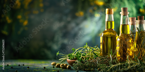 golden olive oil and vinegar bottles with thyme photo