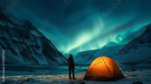 Camping in wild with tent and stunning aurora light at night. photo