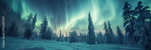 Beautiful aurora northern lights in night sky with snow forest in winter. photo