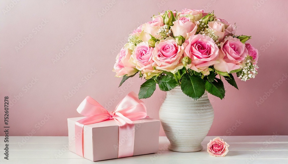 Bouquet of roses in a vase with a gift Bouquet of roses in a vase with a gift