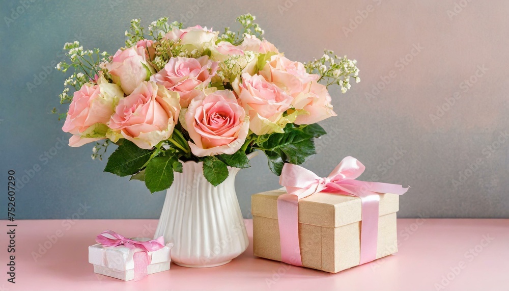 Bouquet of roses in a vase with a gift Bouquet of roses in a vase with a gift